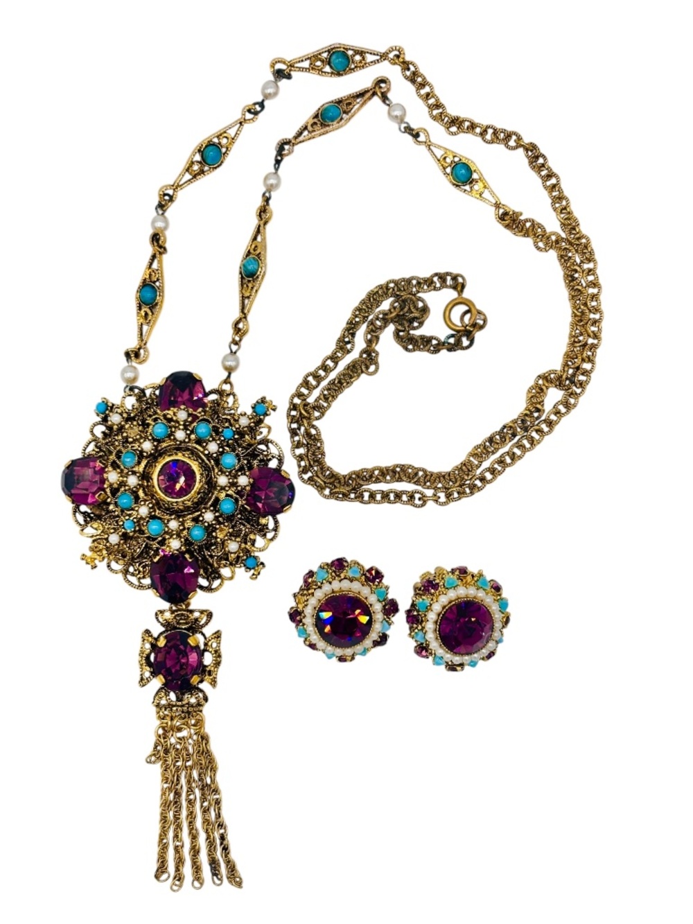 Vintage 1960s Baroque Revival Amethyst Rhinestone & Turquoise Cabochon Necklace